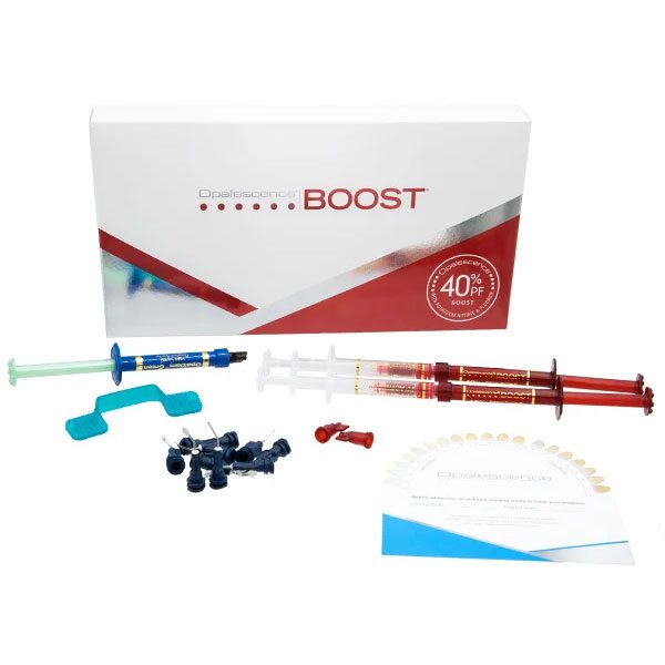 Opalescence Boost professional teeth whitening kit with whitening syringes and dental accessories.